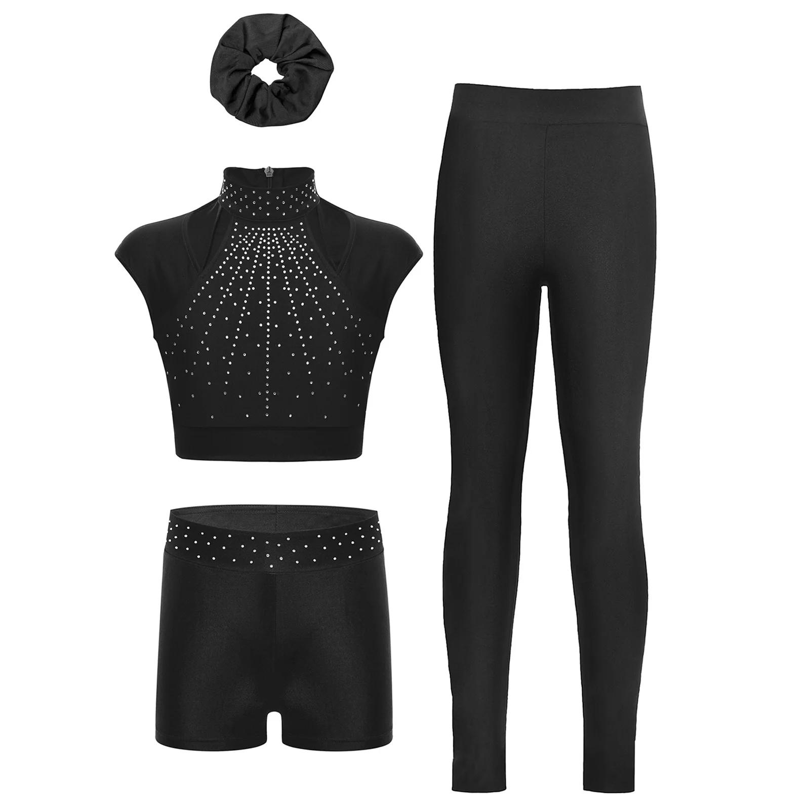 Kids Girls Shiny Dance Outfits Cutout Rhinestones Crop Top with Shorts Leggings Hairband for Gymnastics Figure Skating