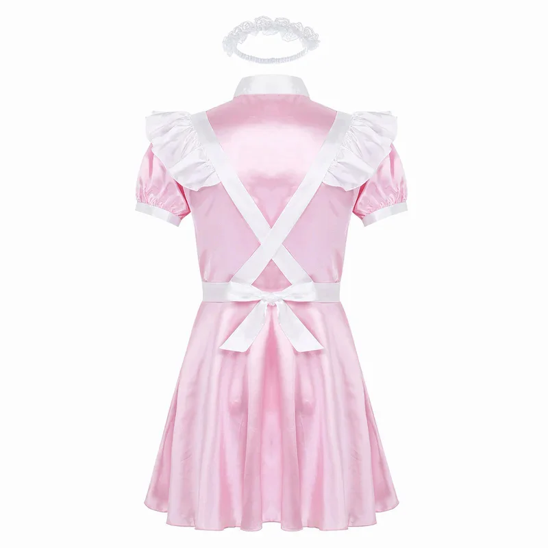 Mens sippy maid cosplay costume puff sleeve satin French apron servant babydoll dress roleplay gay crossdress nightwear