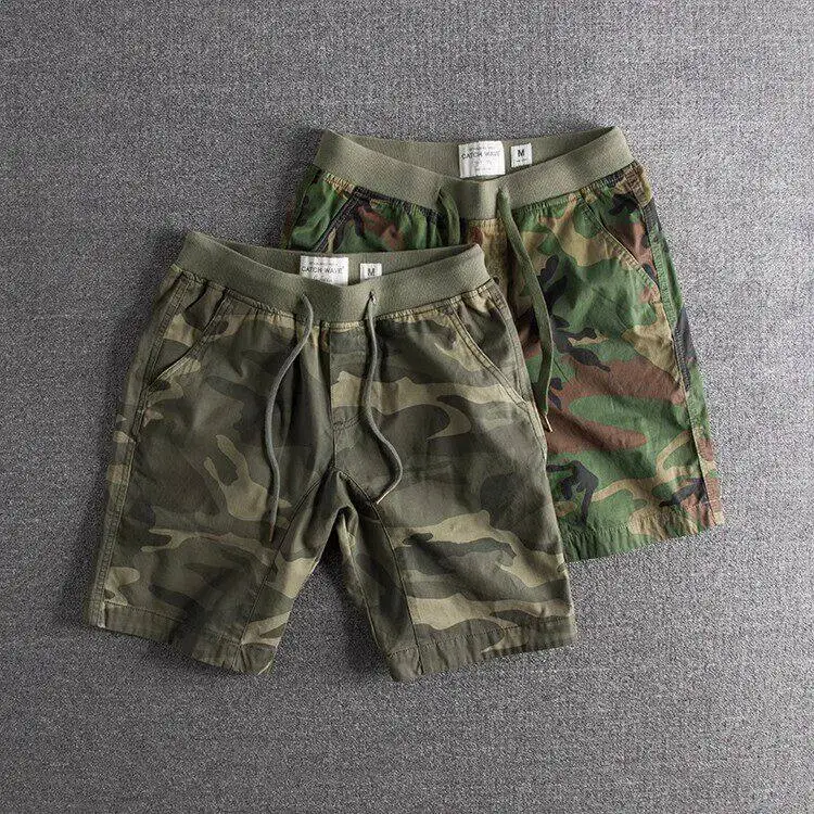 Summer Men's Trendy Camouflage Casual Five-Quarter Workwear Shorts Slim Fit Lightweight Quick Dry Washed Mid-Length Pants