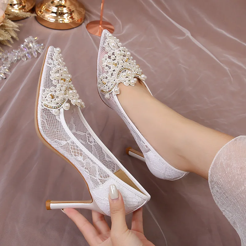 

2025 New High Heel Bridal Shoes Wedding Party Elegant Women Sandals Summer Mesh Pointed Toe Hollow Out Fashion