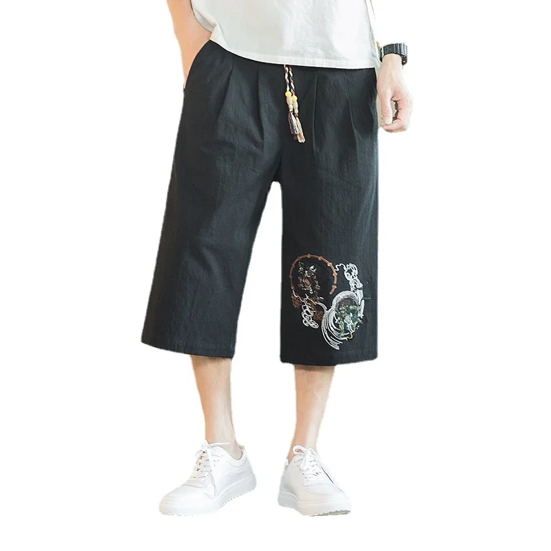 

Chinese Embroidered Drawcord Capris Men's Large Loose Summer Cotton and Hemp Pants Men's Wear