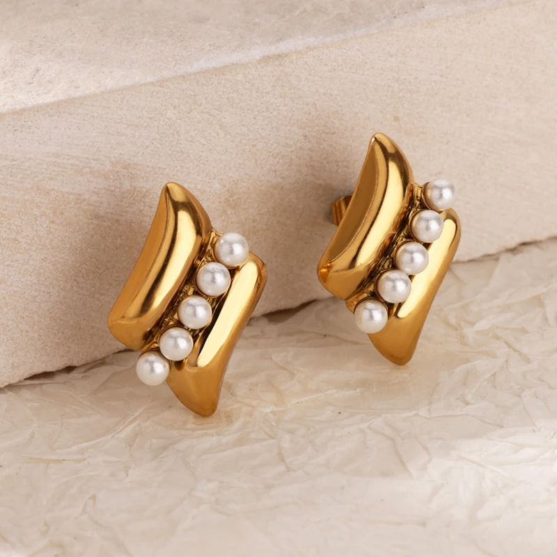Imitation Pearl Bow Earrings for Women Stainless Steel Gold Color Geometric Cross Earrings Fashion Wedding Jewelry Christmas