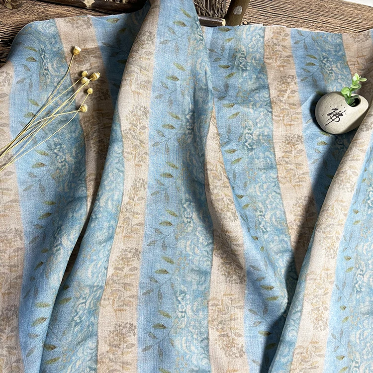 

High quality new natural ramie fabric Retro vertical stripe printing tissus Skirt lining dress shirt material