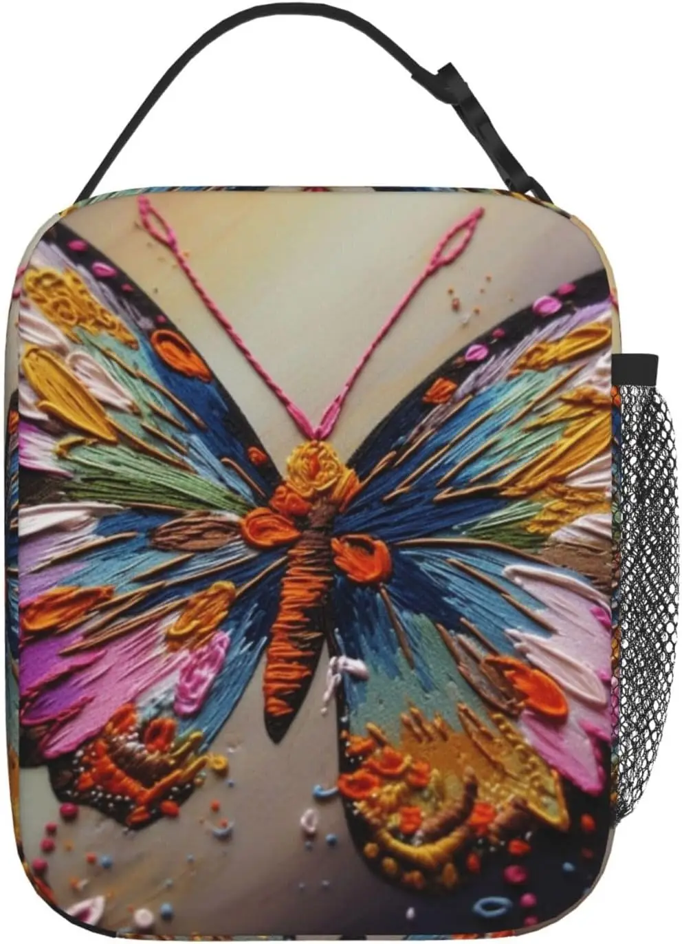 Embroidery Colorful Butterfly Print Insulated Lunch Bag Waterproof Lunch Tote Reusable Cooler Bag For Work Office Picnic Travel