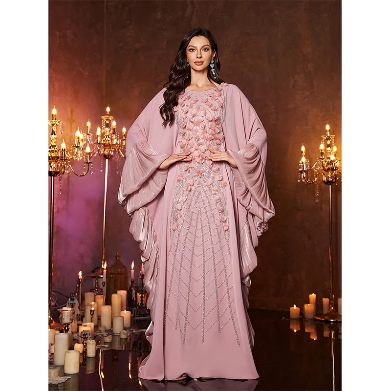 Elegant Blush Pink Kaftan Abaya Maxi Dress 3D Flower Beaded Batwing Sleeve Evening Gown Wedding Party Formal Dress