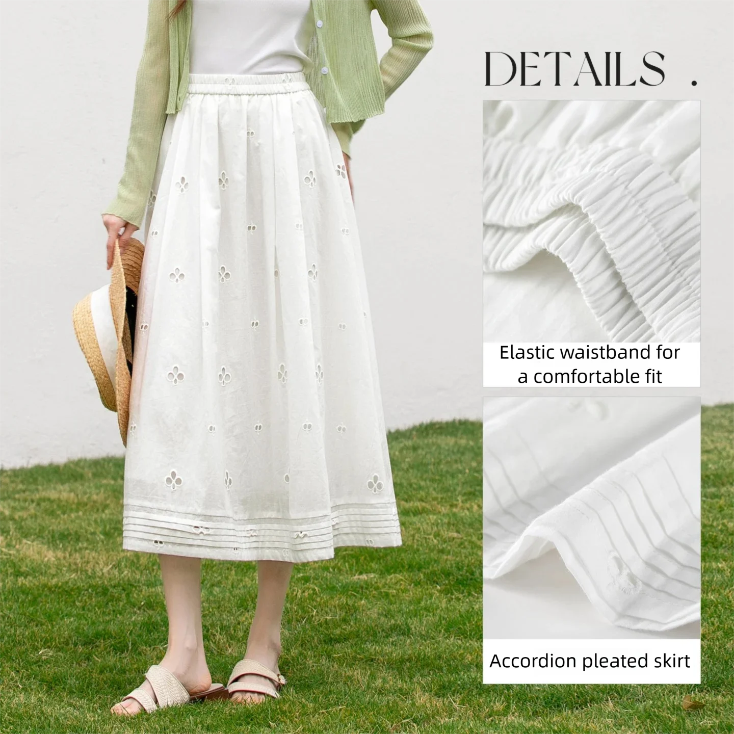 SENTUBILA White A-Line Skirt for Women 2026 Summer New Cut Out Embroidery Accordion Pleated Hem Loose Fit Midi Skirt 162QA5769