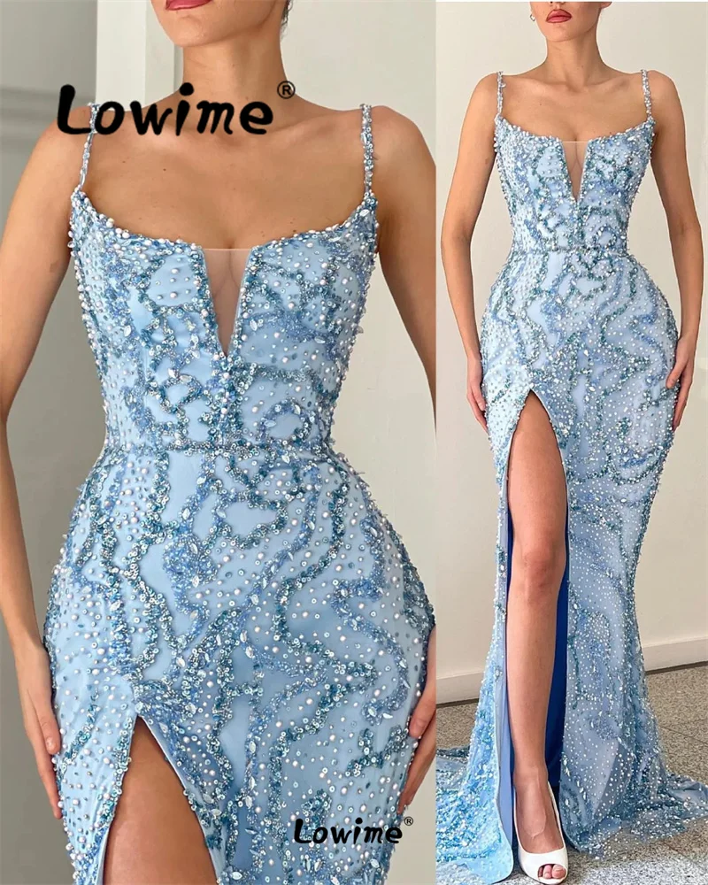 Fashion Beads Fabric Blue Party Dresses Engagement Gowns 2024 High Split Side Sexy Mermaid Spaghetti Straps Prom Evening Dresses