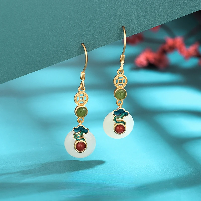 

Fashion Ethnic Chinese Style 925 Sterling Silver Gilded Natural Hetian Jade Cloisonne Cloud Southern Red Earrings for Women Gift