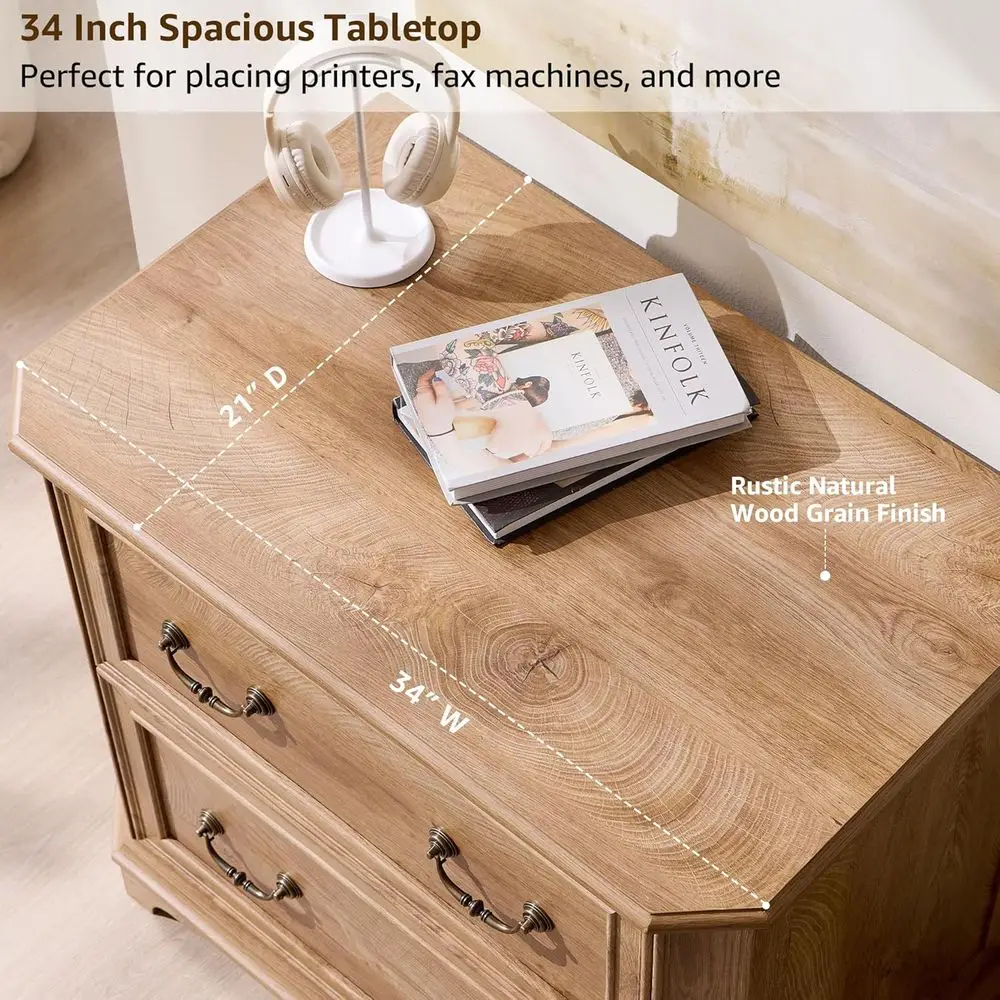 خزانة ملفات خشبية كبيرة ذات درجين مع قضبان انزلاقية ناعمة، حجم حرف/قانوني، لمسة نهائية من خشب البلوط العقدي