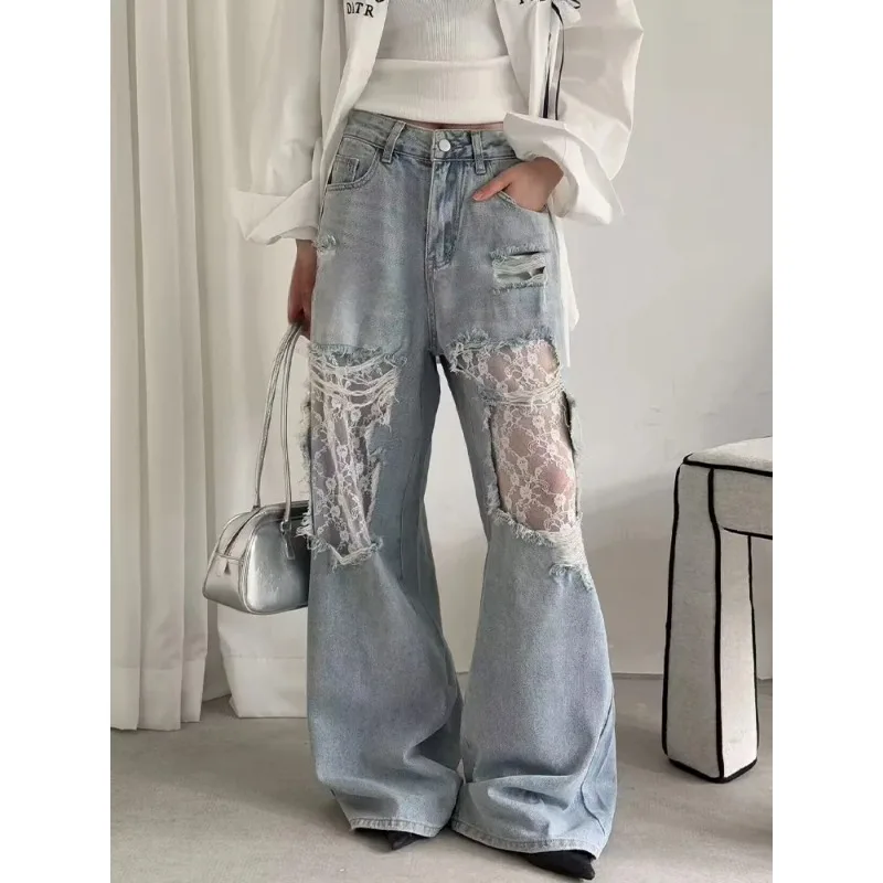 

2025 Women's American Style High Waist Lace Spliced Denim Pants Loose Wide Leg Trousers Fashion Hottie Hole Patchwork Jeans