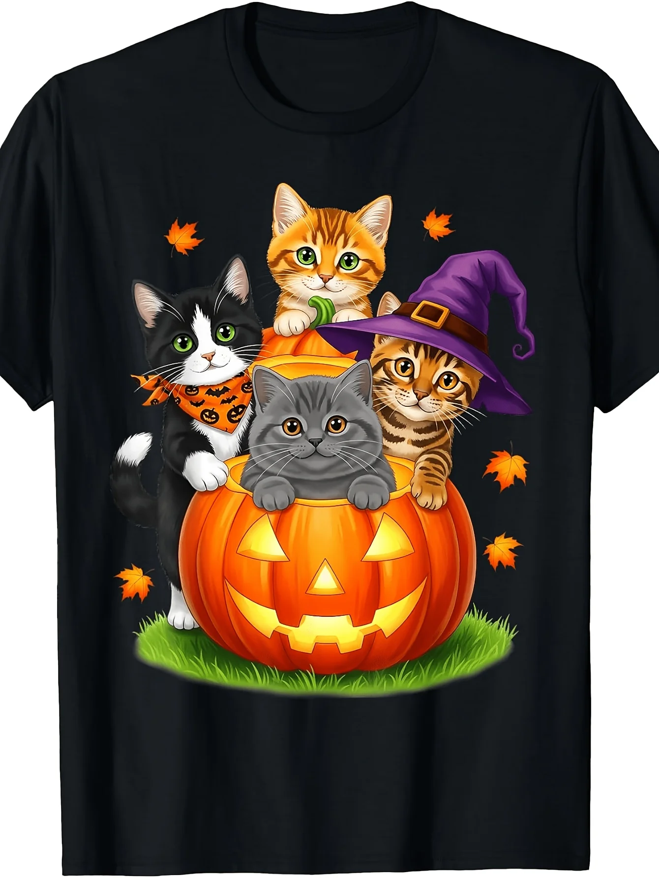 Women's Halloween T-shirt Cat Pumpkin Witch Hat Print Crew Neck Short Sleeve Top Loose Festival Holiday Fashion Women Clothes