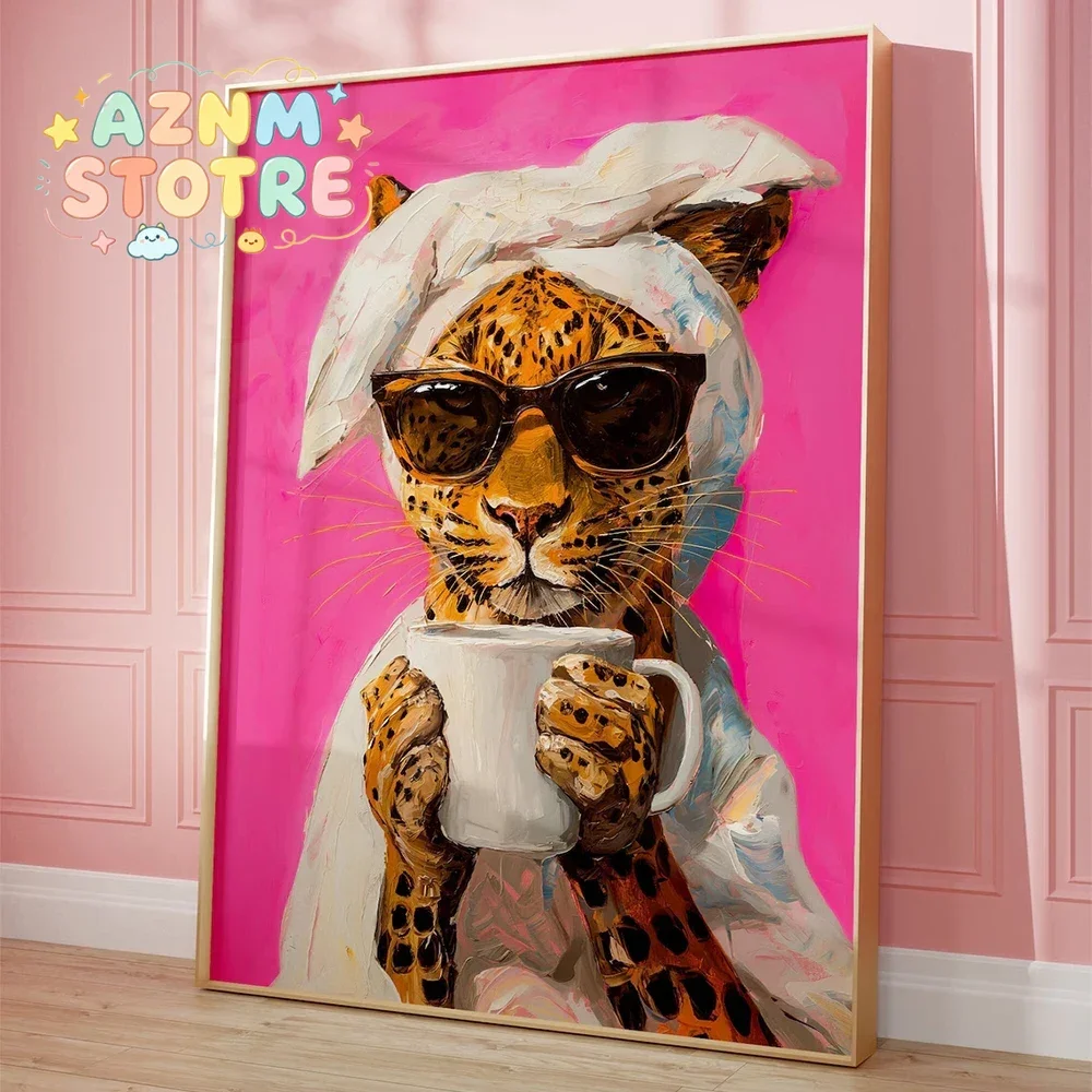 Modern Leopard Drinking Morning Coffee Colorful Dopamine Prints Canvas Painting Poster Picture For Living Room Home Decor