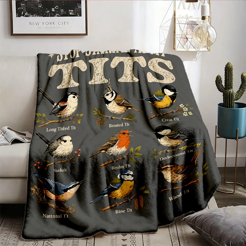 Stop Staring At My Tits Warm Blanket, Vintage Tit Species Chart Graphic Soft Blanket, Funny Birdwatcher Gift, Ornitholog