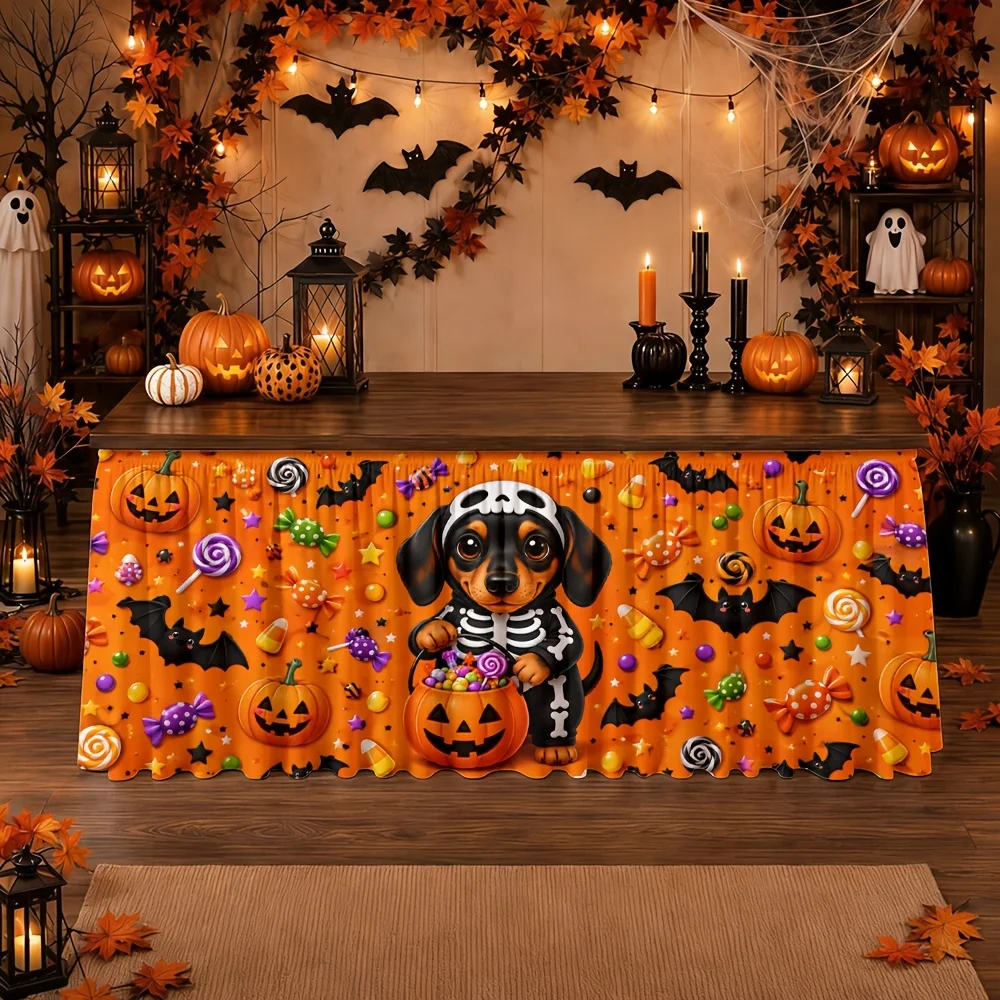 Party table skirt 1 piece  Halloween pumpkin candies, bats, skulls, dogs  Festival orange, black and purple decorationsxzj