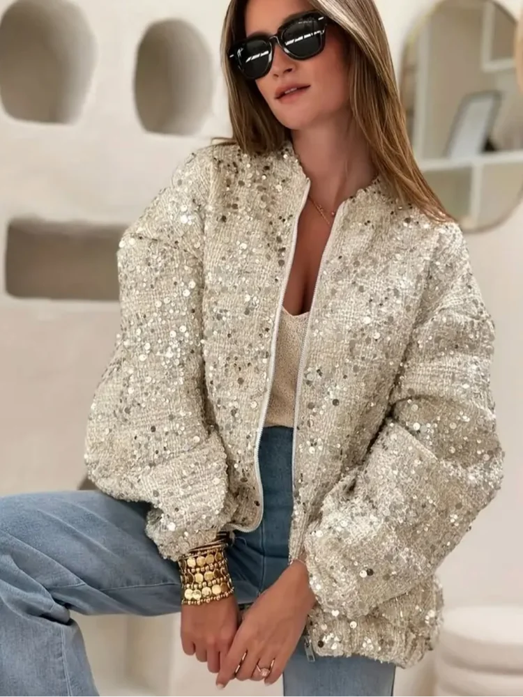 

Women Chic Sequin Short Jacket Casual Round Neck Full Sleeve Zipper Pocket Loose Outerwears Lady Autumn Daily Highstreet Jackets