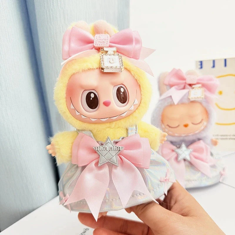 15-17cm Labubu Fashion Cute Reflective Strip Dress Doll Clothing Set z akcesoriami do włosów