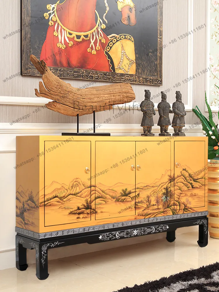 New Chinese side cabinet integrated wall table solid wood painted American partition cabinet