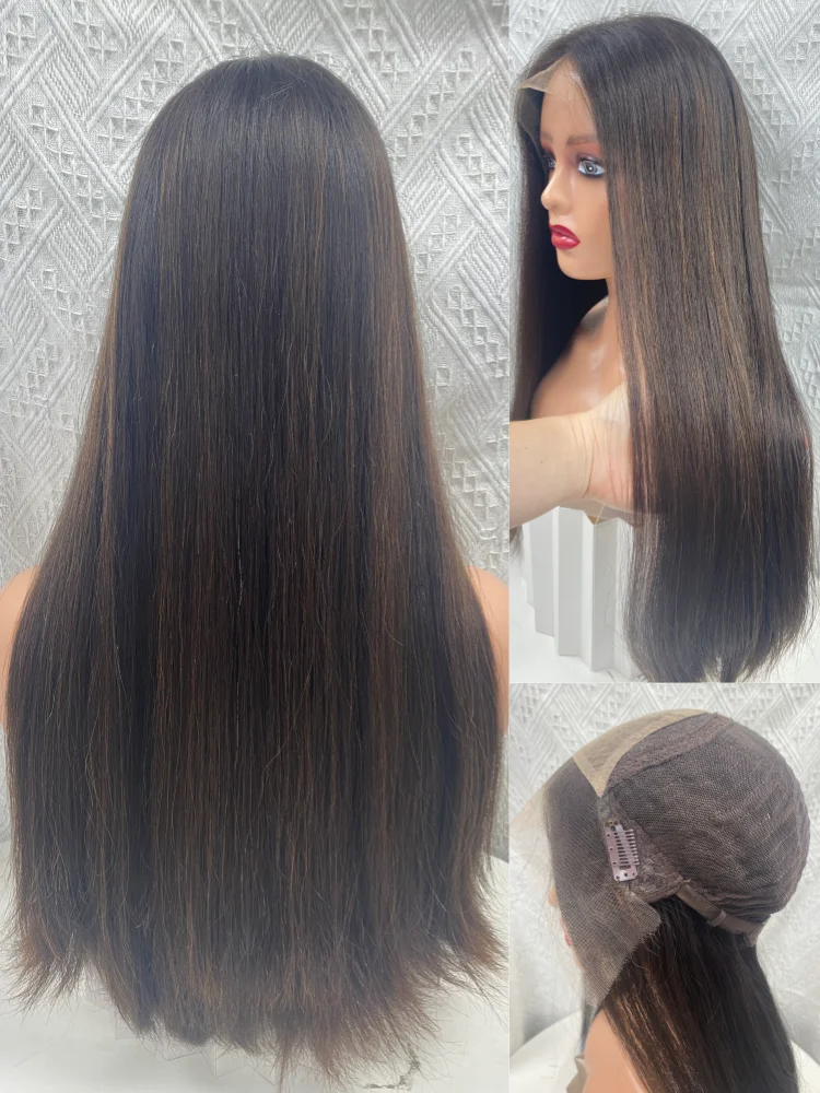 100% Virgin Human Hair HD Lace Wig Invisible Knots Dark Brown Color With Highlights Long Hair Cap Size L Full Volume Jewish Wig