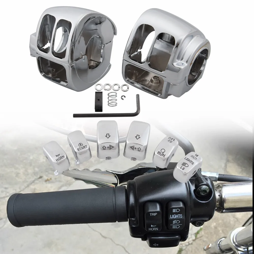 

1 Pair Chrome Switch Housings Cover & 6 Switch Cap Buttons Compatible For Harley Dyna Softail Sportster Touring V Rod FXR