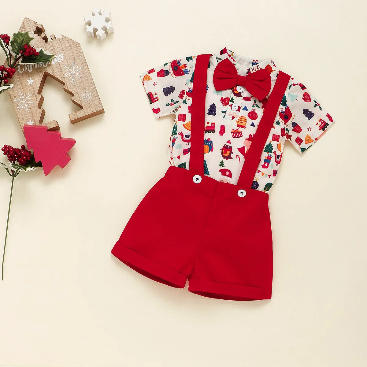 Baby Christmas Outfits Clothing Summer Red Tie Christmas Printed Bodysuit and Red Overalls My First New Year Baby Costume