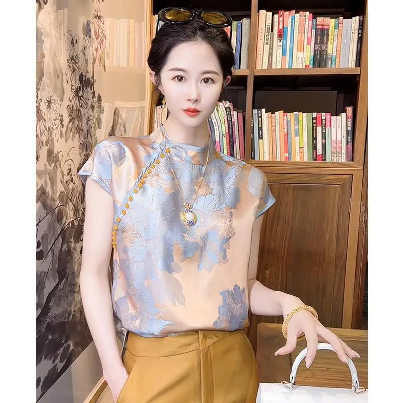 Silk Women\'s Shirts Summer 2023 New Print Chinese Style Blouses Loose Short Sleeve O-Neck Top Satin Elegant Clothing