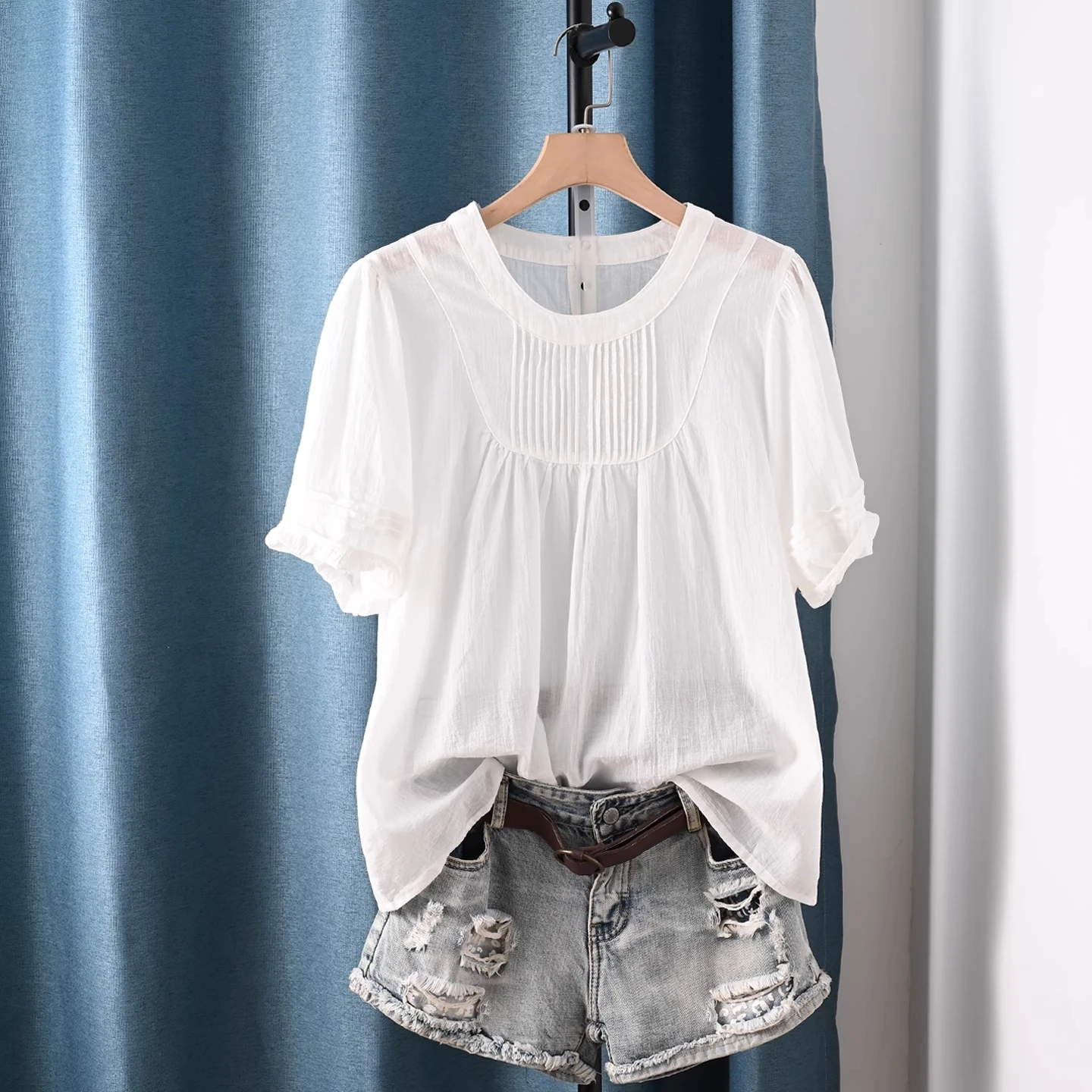 

Korea fashion blue white pink pleated short sleeve shirts and blouses for women 100% cotton summer tops