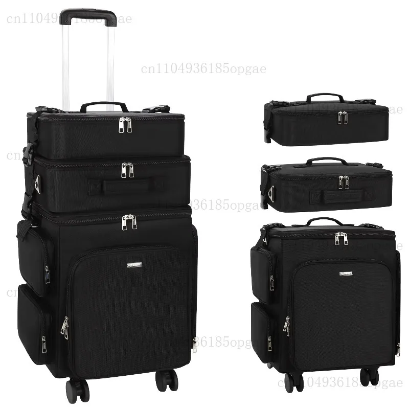 3-in-1 Rolling cosmetic case Hair stylist travel bag with wheels Large tool trolley case 360 degree rotation