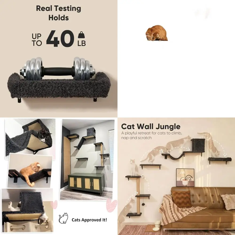 

Прочный деревянный настенный комплекс для кошек 4-в-1 с полками, лазательной площадкой и когтеточкой для гипсокартона (16 элементов) - Серый