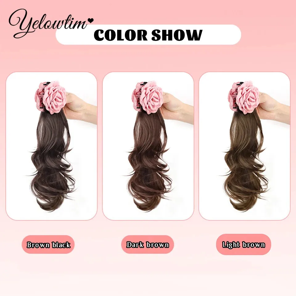 Rose Claw Clip In Wavy Ponytail Extensions Synthetic Fiber Hair Piece 18 Inch Long Wavy Ponytail Extensions For Women Girls