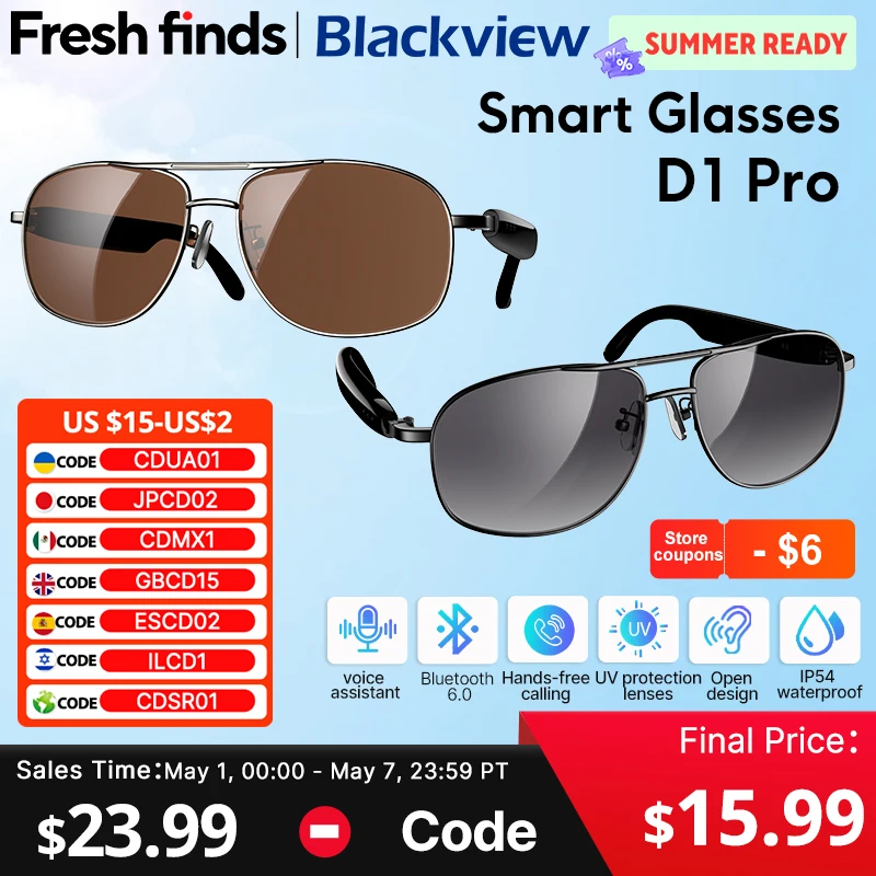 【World premiere】Blackview Smart glasses D1 Pro IP54 Open sound field voice assistant Outdoor UV protection Sunglasses