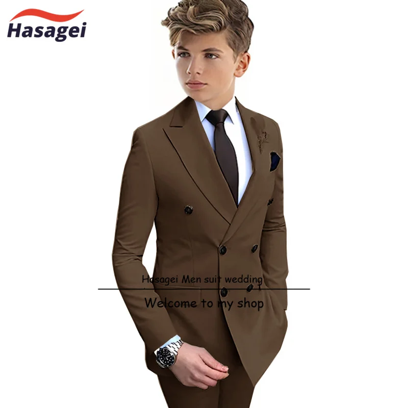 Ensemble veste et pantalon à double boutonnage pour garçons, smoking de mariage formel pour enfants, col pointu, vert foncé trempé, 12 ans, 2 pièces