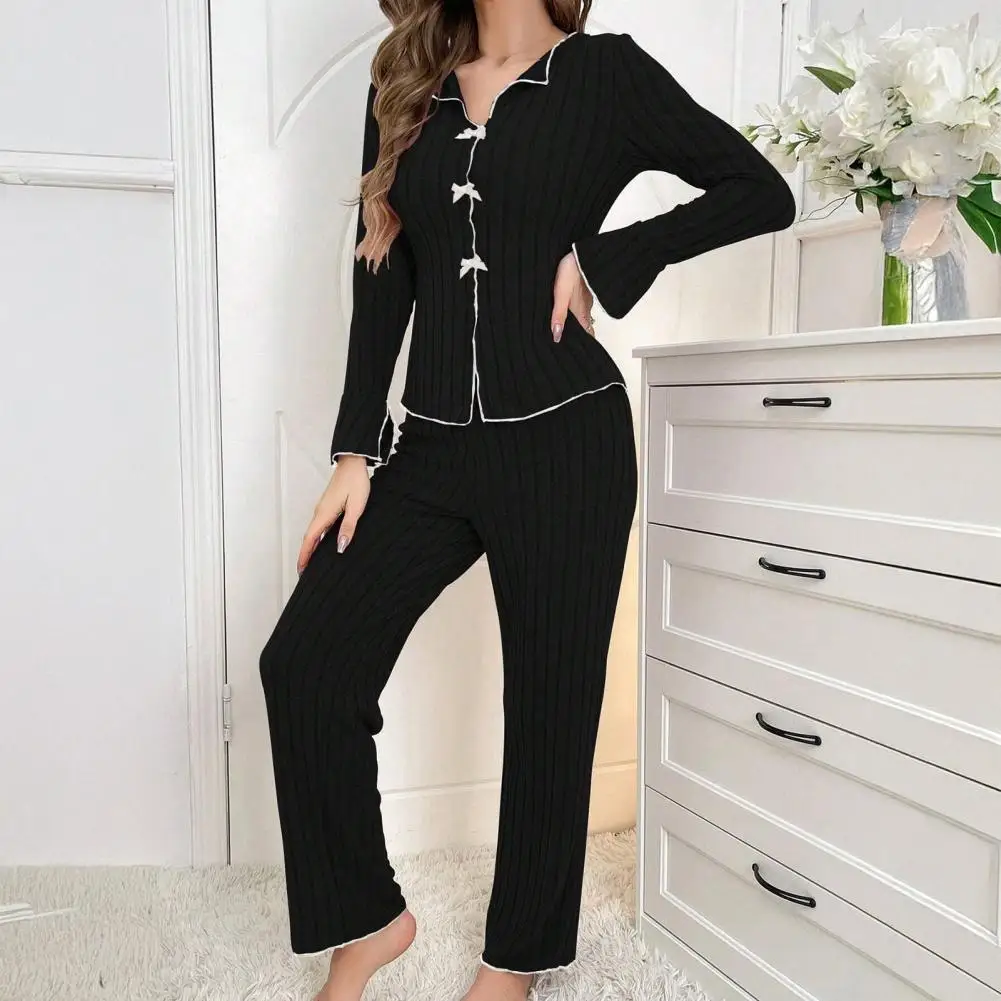 

High-end Sleepwear Set Cozy Women's Long-sleeve Pajama Set with Bow Detail Matching Pants Soft Sleepwear Set for Fall for Women