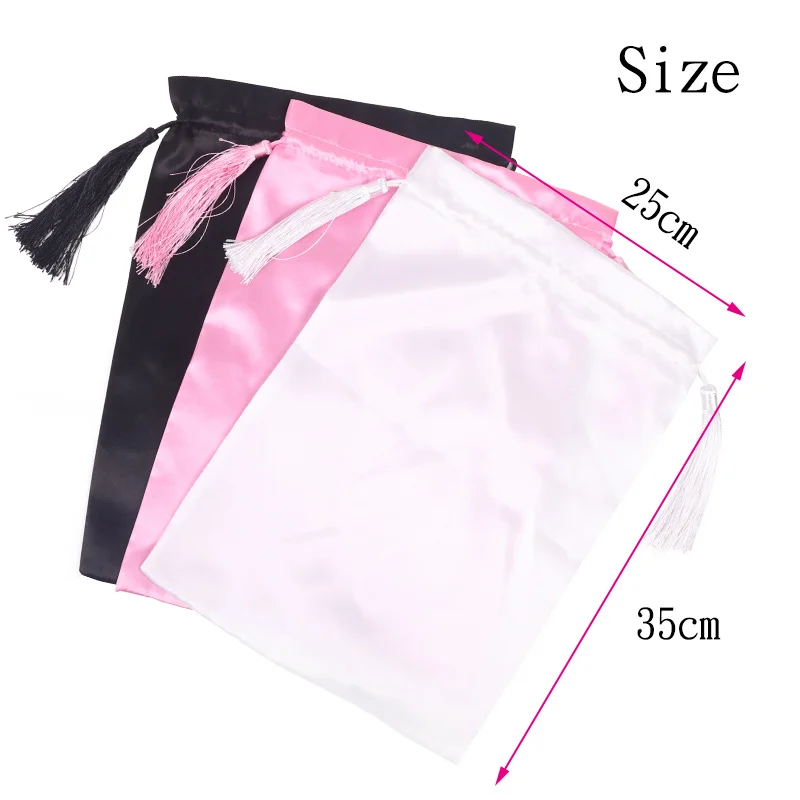 Sacs de perruque en satin soyeux avec pompon, pocommuniste de rangement pour perruque, noir, rose, blanc, gland de ficelle de proximité pour extensions de cheveux, 1 pièce par lot