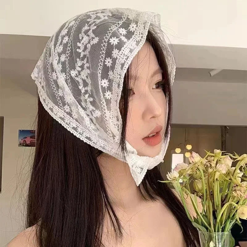 ผ้าพันคอสามเหลี่ยมลูกไม้ฝรั่งเศสวินเทจ - ฮิญาบชีฟองฤดูร้อนสําหรับผู้หญิง, เครื่องประดับผมผ้าไหมมุสลิม, ห่อสาวหวานหรูหรา
