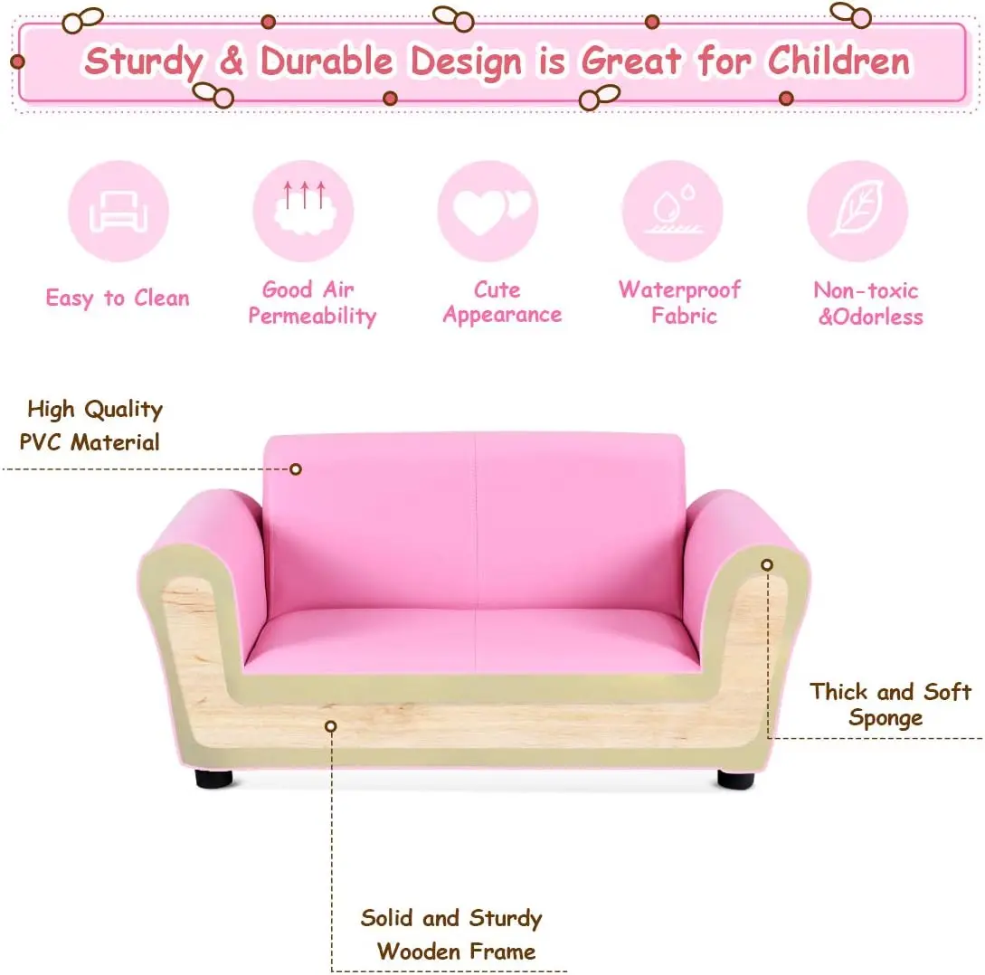 Kids Couch with Footstool, 2 in 1 Double Seat Children's Sofa w/PU Leather Surface, Armrest Chair Lounge, Soft Kids Sofa