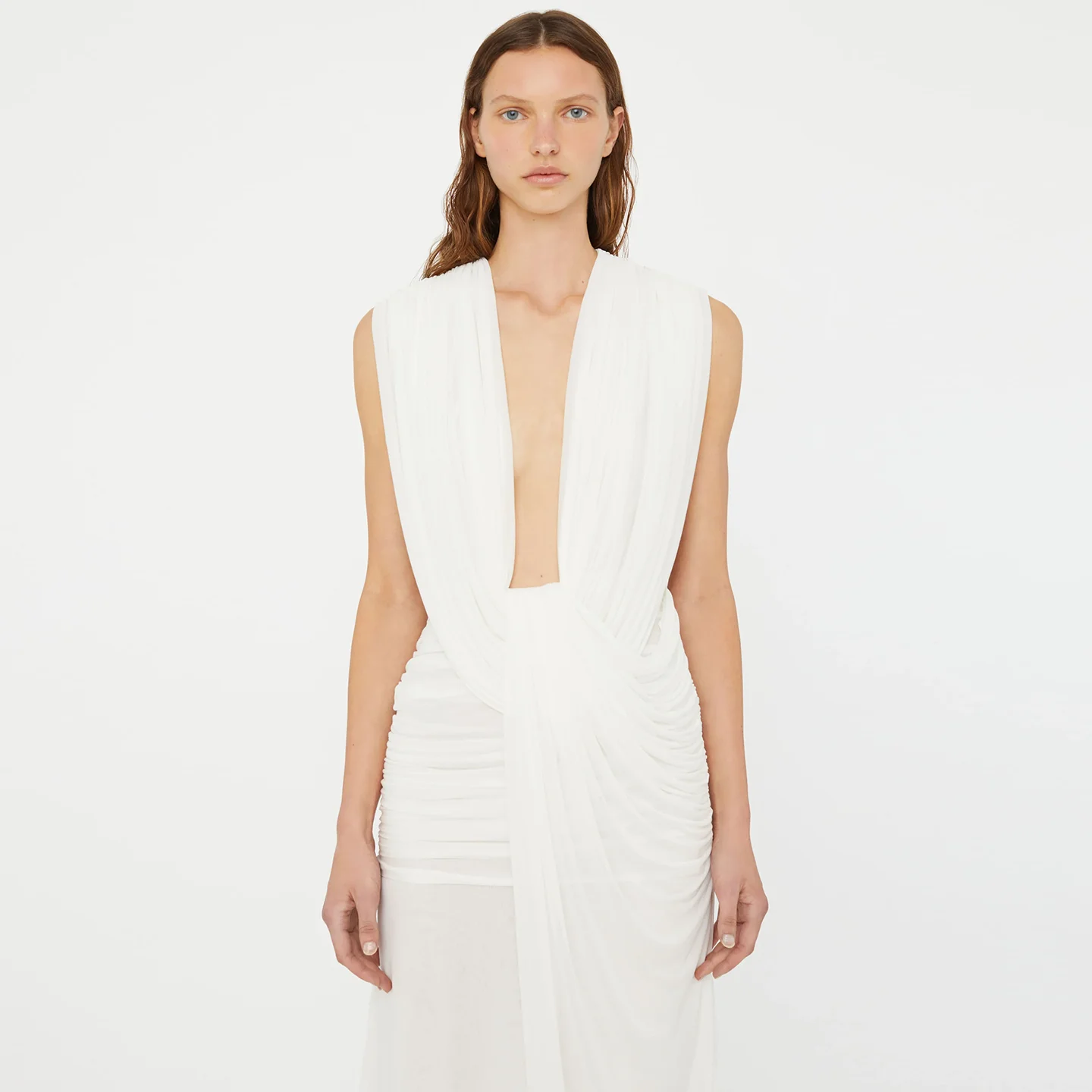 

Sharon Said White Evening Dress with Pleated and V Neck Simple for Woman Wedding Party Prom Gowns Arabic 2025 SF009 Customized