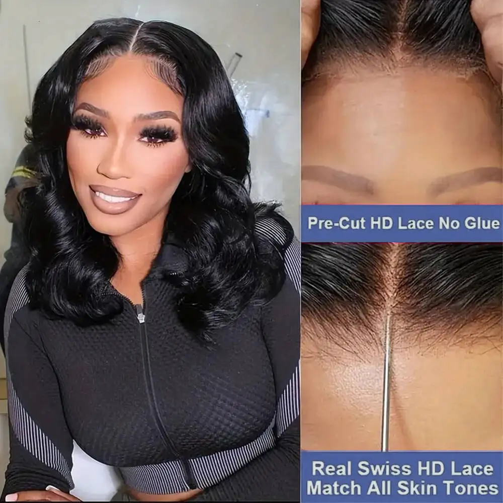 4x4 Body Wave Short Bob Wigs Human Hair 180 Density Lace Front Human Hair Wig Remy Hair Pre Plucked Transparent Lace Closure Wig