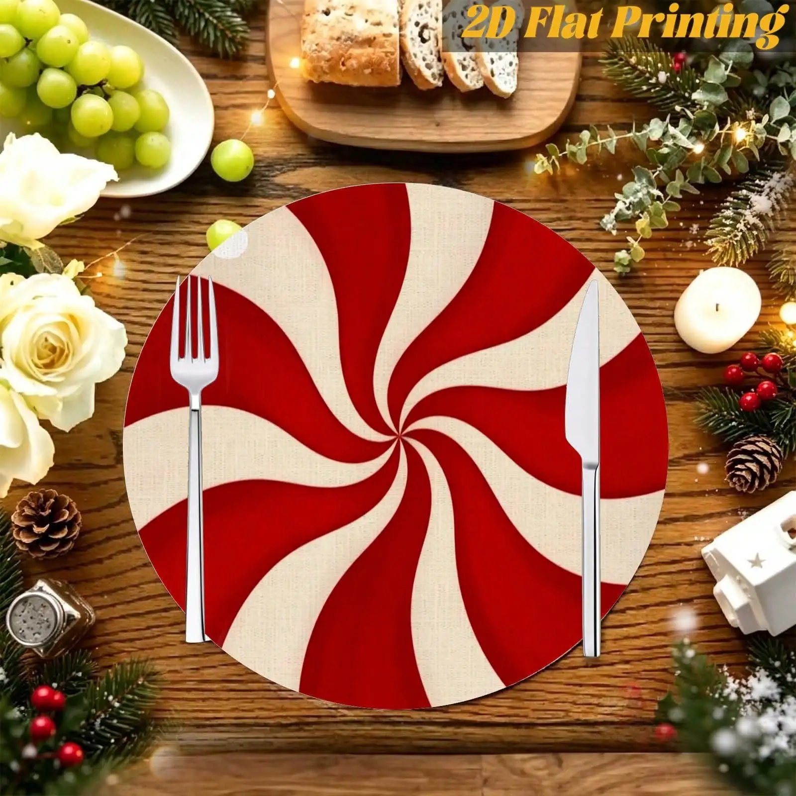1/4/6PCS Christmas Candy Cane Swirl Round Placemat | Kitchen Island,Holiday Party Setting,Photo Shoot Prop,2D Flat Print | Thanksgiving & Christmas Gifts