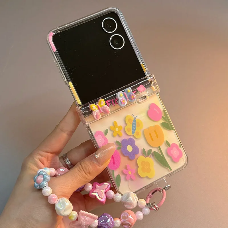 Mix Flip Case Cute Tulip Flower Pattern Clear Flip Cover For Samsung Z Flip7 6 5 Xiaomi Mix Flip Case With Colorful Beaded Chain