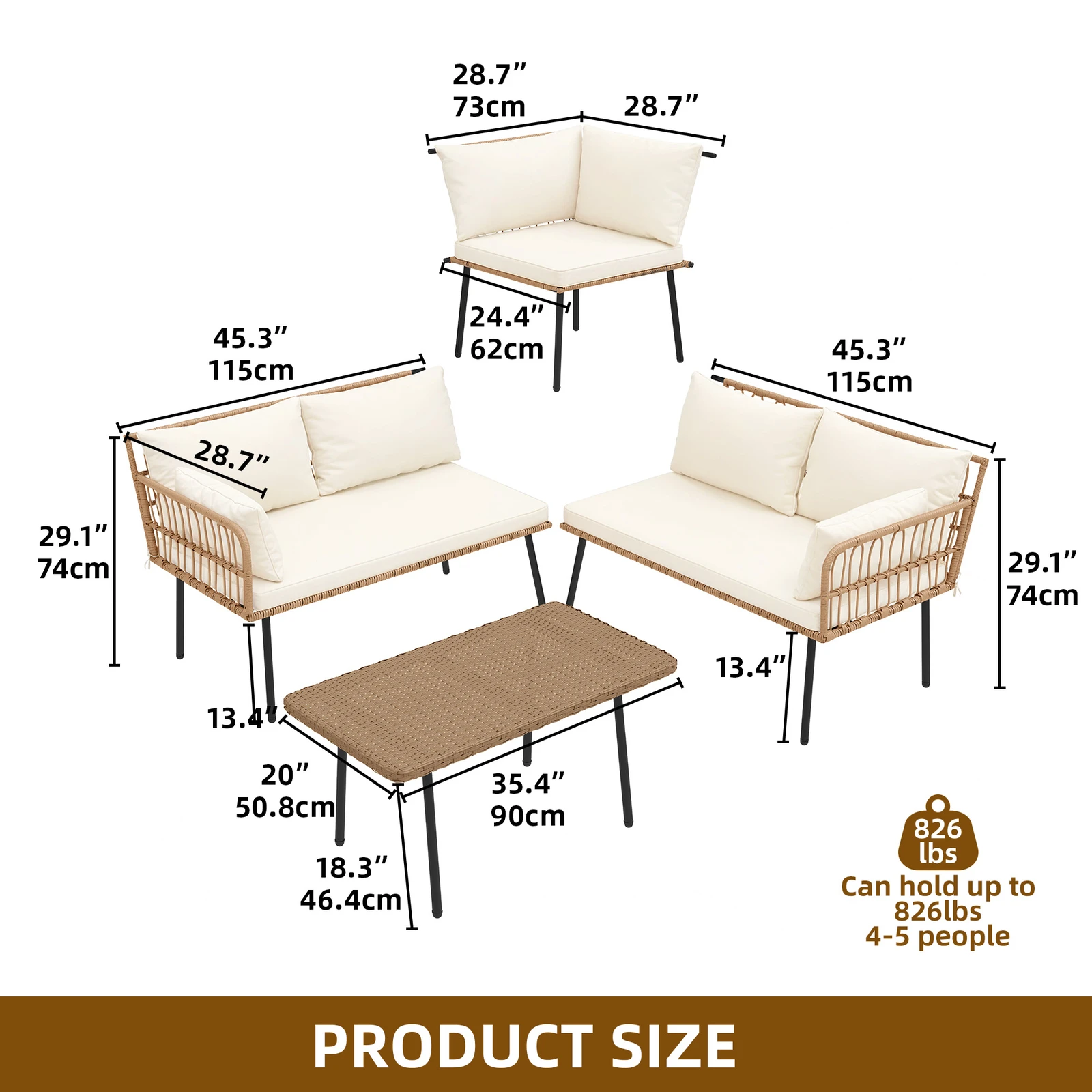 Set Furnitur Sofa Patio Bentuk L 4 Buah, Set Perbualan Patio Anyaman Rotan