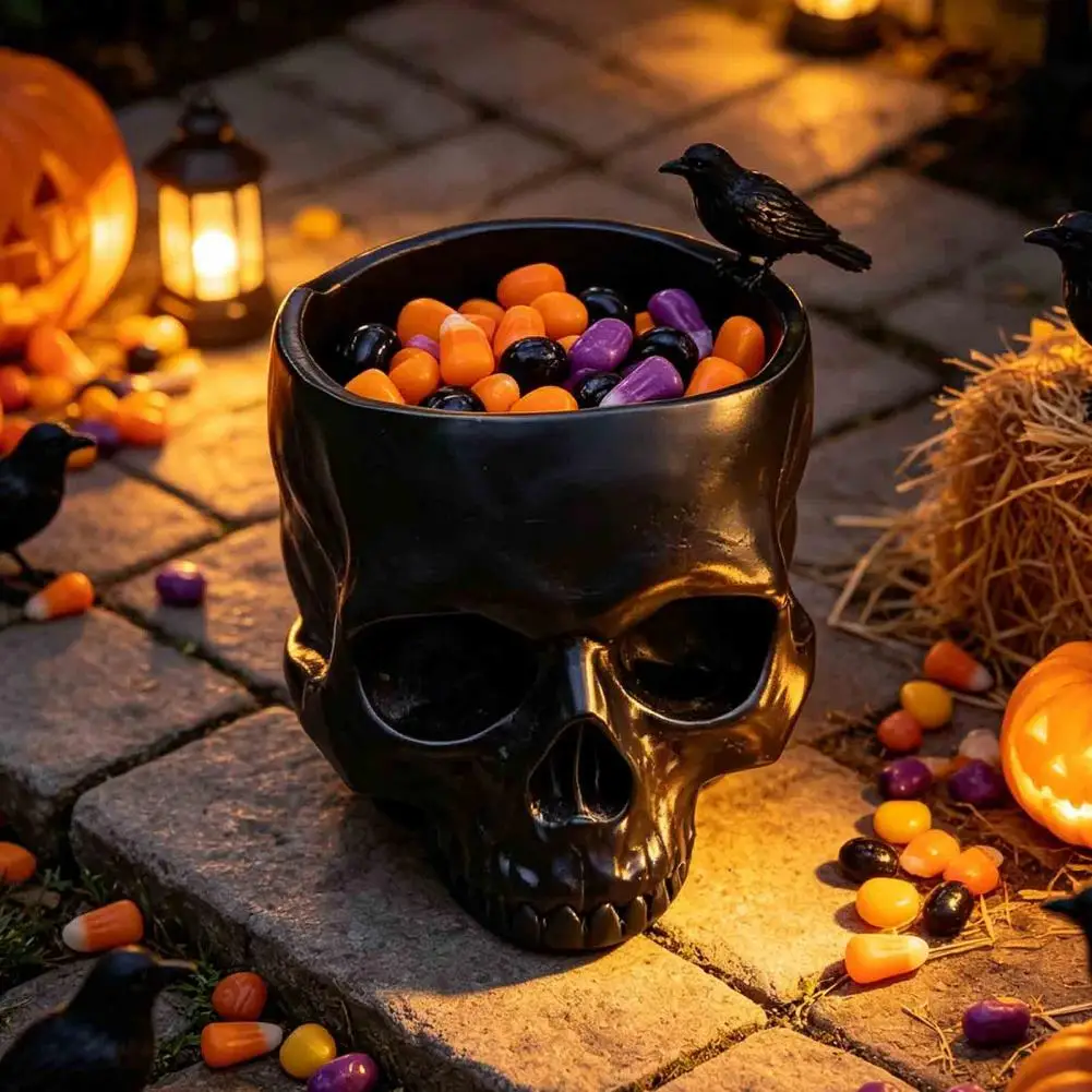 Skull Makeup Brush Holder Halloween Desk Organizer Skull Planter Resin Flower Pot Skull Candy Bowl Spooky Halloween for Tabletop