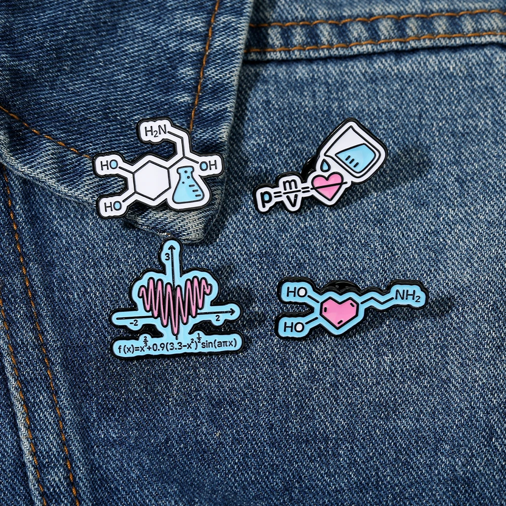 4 Styles Funny Blue Heart Scientific Formula Enamel Brooches P=M/V Chemical Structural Formula Math Shaped Pins Student Badge