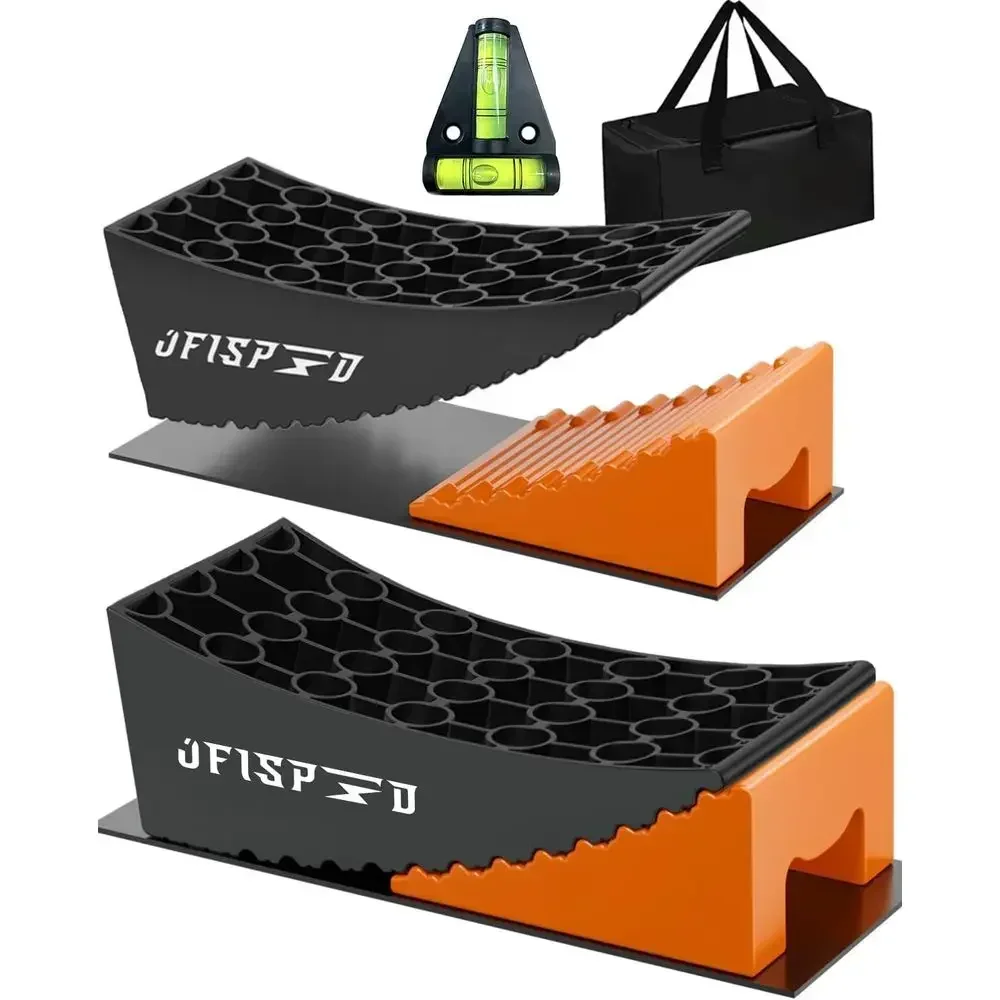 RV Leveling Blocks Ramp Kit, 2 Packs Camper Leveler System for Travel with Two Chocks, 2 Anti-Slip Mats, 1T Bubble Level and Car