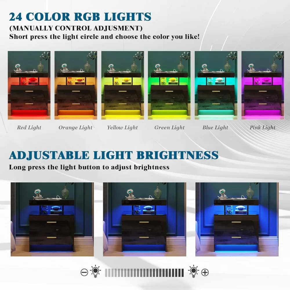 مجموعة منضدة شحن لاسلكي مع منافذ USB/Type-C وإضاءة RGB LED، وطاولات بجانب السرير حديثة لديكور المنزل الأنيق