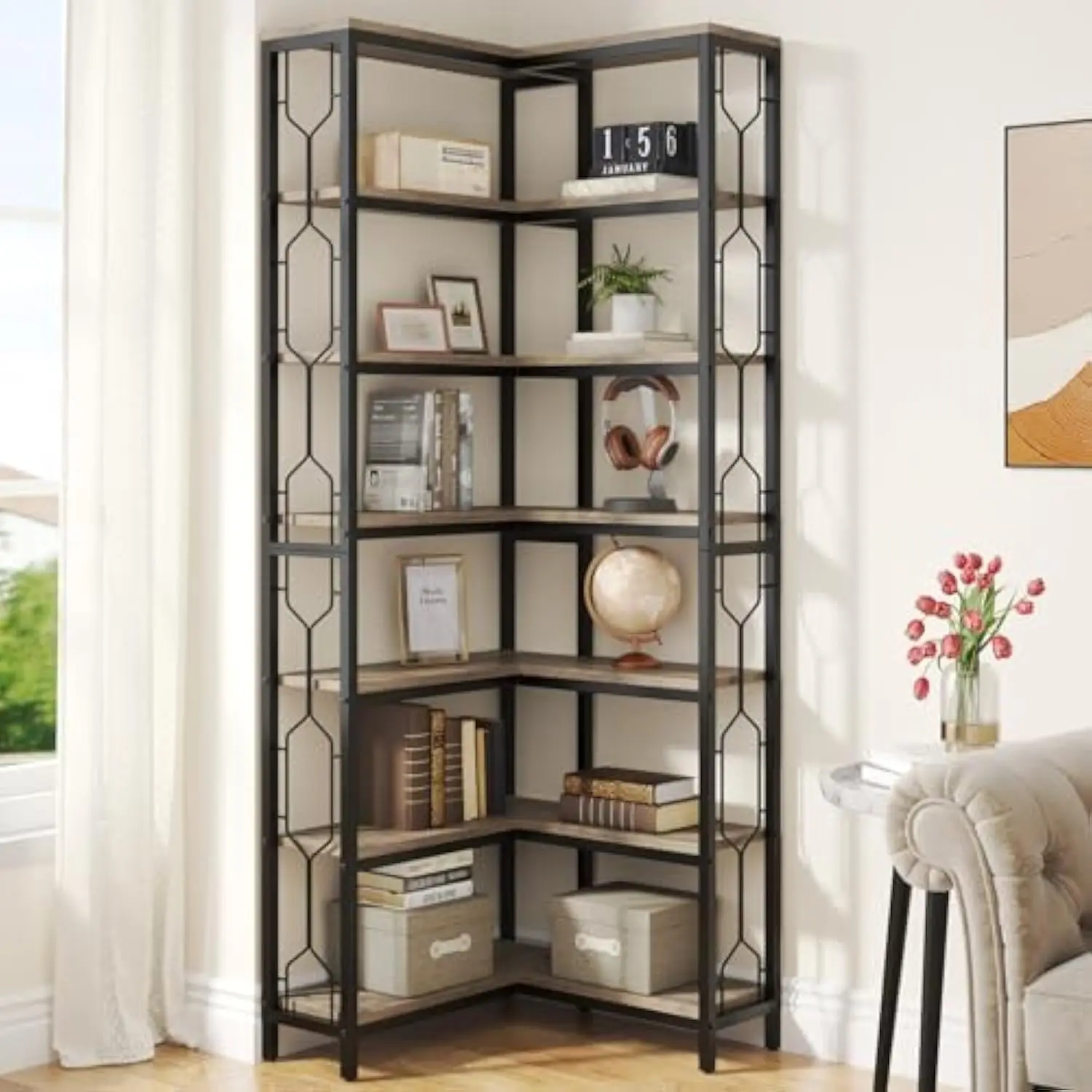 

Tribesigns Corner Shelf, 7-Tier Industrial Corner Bookshelf, Wood and Metal Corner Etagere Bookcase, Freestanding Display Shelf