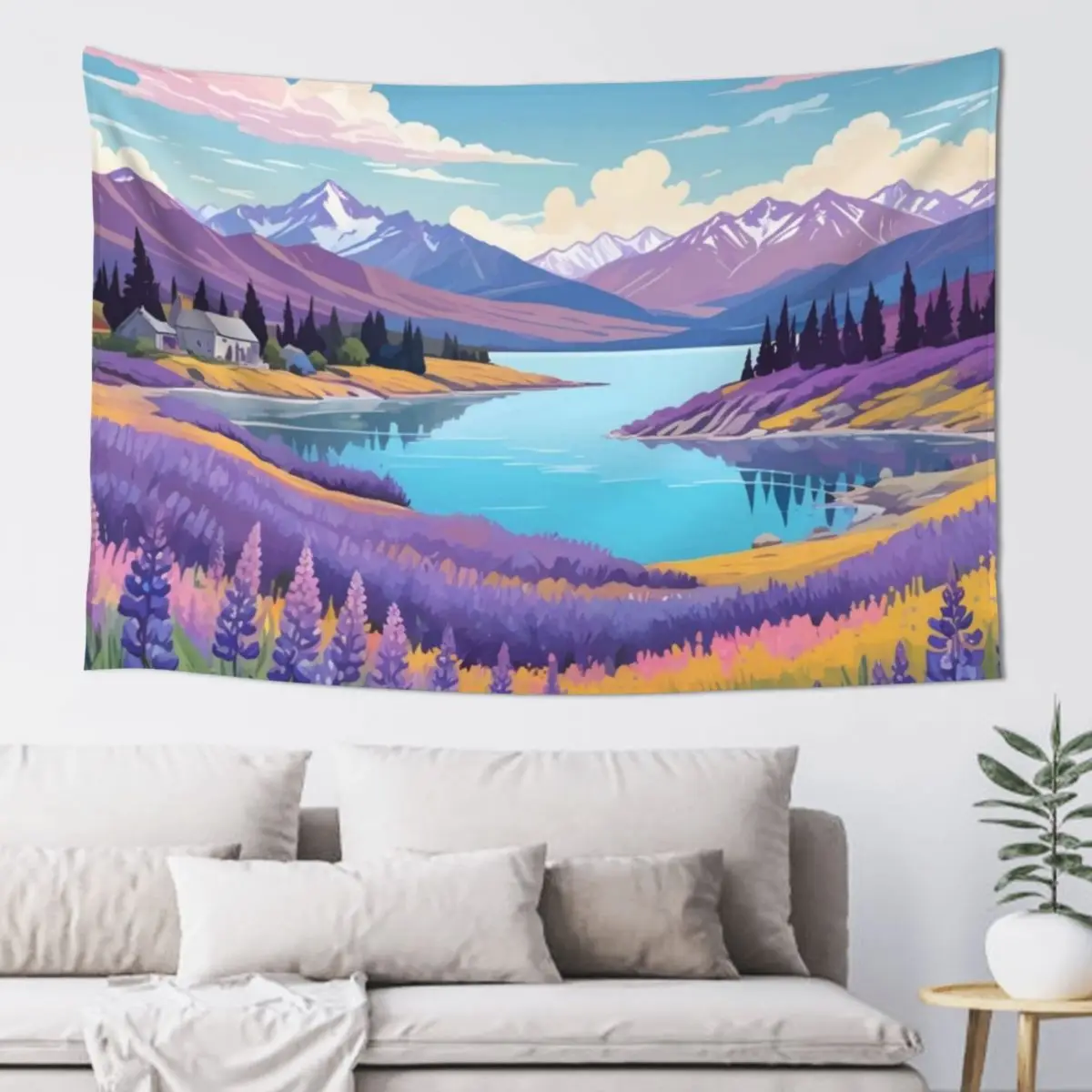 Lake Tekapo and Lupins Tapestry Wall Decoration Items Living Room Decoration Wall Hanging Wall Tapestry