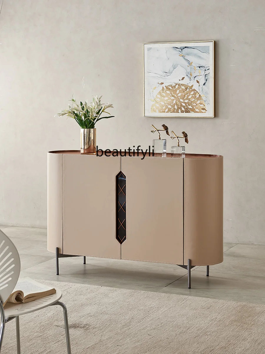 Italian-Style Light Luxury Saddle Leather Console Small Apartment Hall Storage Sideboard Cabinet Designer Model