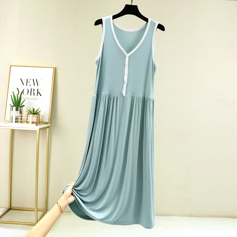 Sleeveless Sleepwear Women V-neck Vest Night Dress Summer Thin Nightgowns Button Big Swing Nightdress Modal Pajamas Nightie