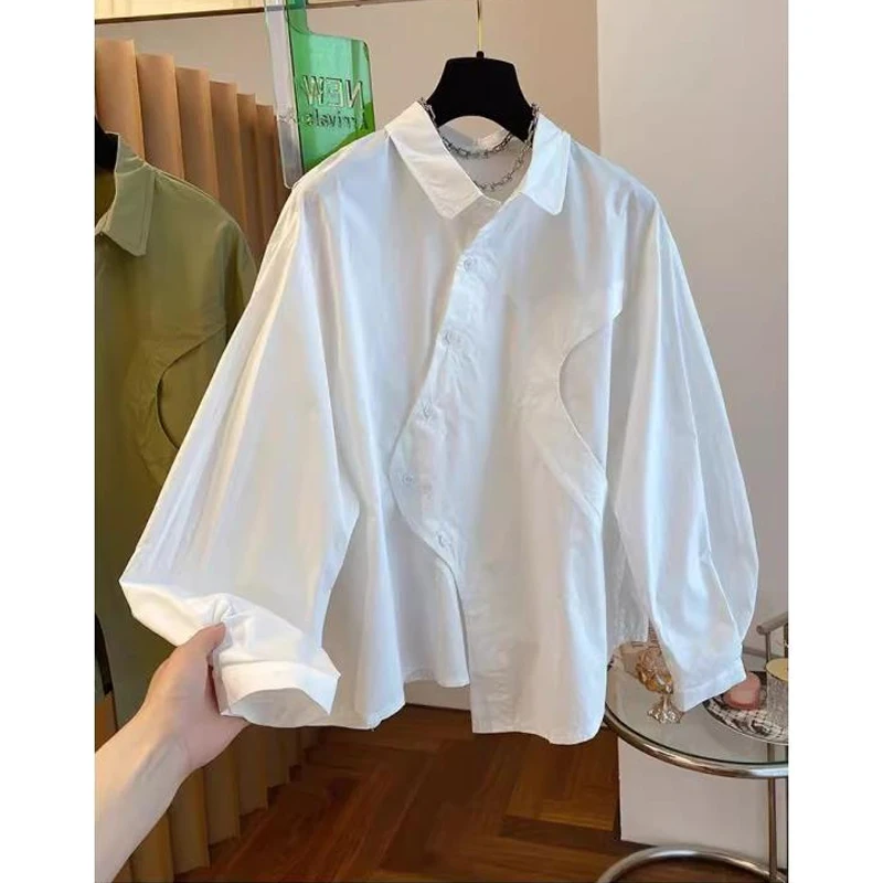 Spring Autumn New Cotton Solid Color Fashion Shirt Women POLO Collar Long Sleeve Korean Style Cardigan Button Asymmetrical Tops