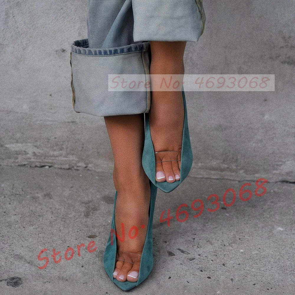 

Blue Suede Pointed Peep Toe Pumps Women Sexy Clear Toe Strap Stiletto High Heels Ladies Nifty Hollow Out Large Size Party Shoes
